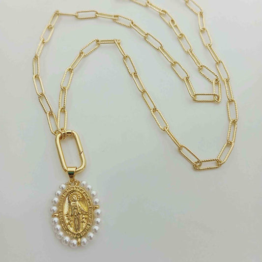 Collar Bañado Oro Colgante San Benito Perlas 55cm