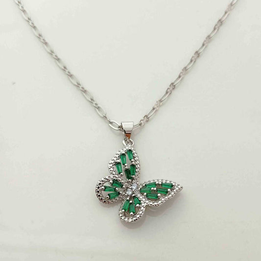 Collar Plateado Mariposa Circones Verde