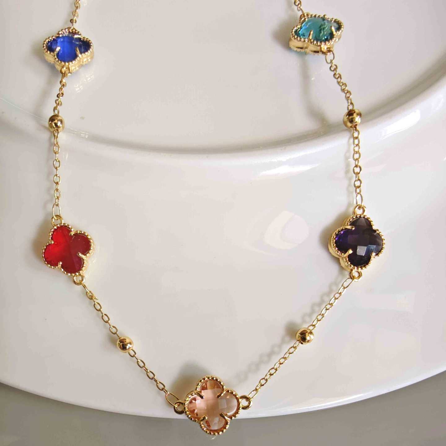 Collar Bañado En Oro Trebol Colores 45cm