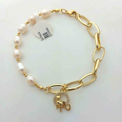 Pulsera Bañada en Oro 18k Perlas de Río y Cadena Paperclip con Dije Ojo Turco Pavé Circones