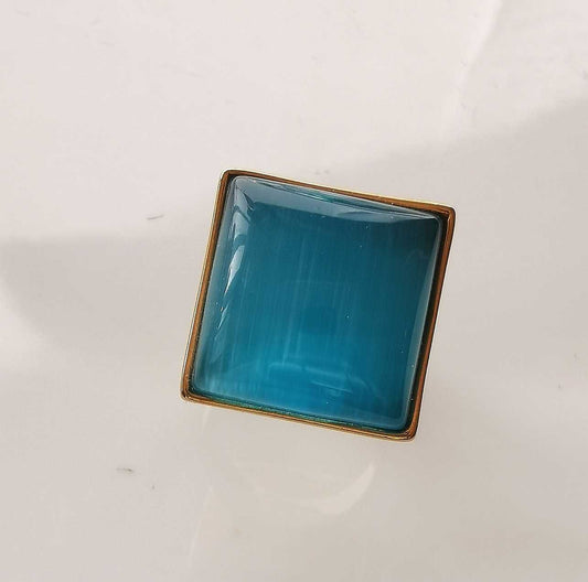 Anillo Dorado Piedra Azul Cuadrado