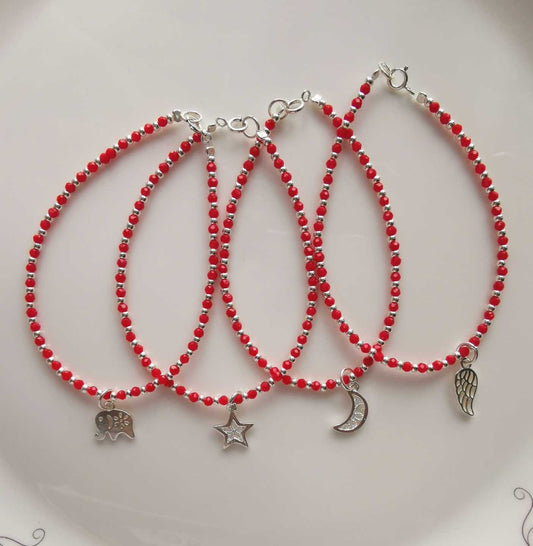 Pulsera Plata925 Pelotita Con Cristal Rojo Colgante Dijes de Plata925