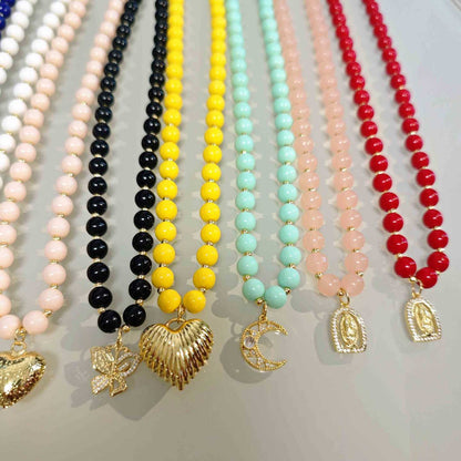 Collar Bañado en Oro 18k Cristales 8mm Multicolor con Colgante a Elección