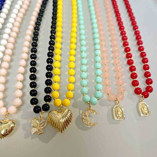 Collar Bañado En Oro Cristales 8mm Colores Colgante Varios Dijes