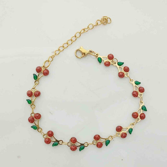 Pulsera de Acero Dorado Cereza Rojo 