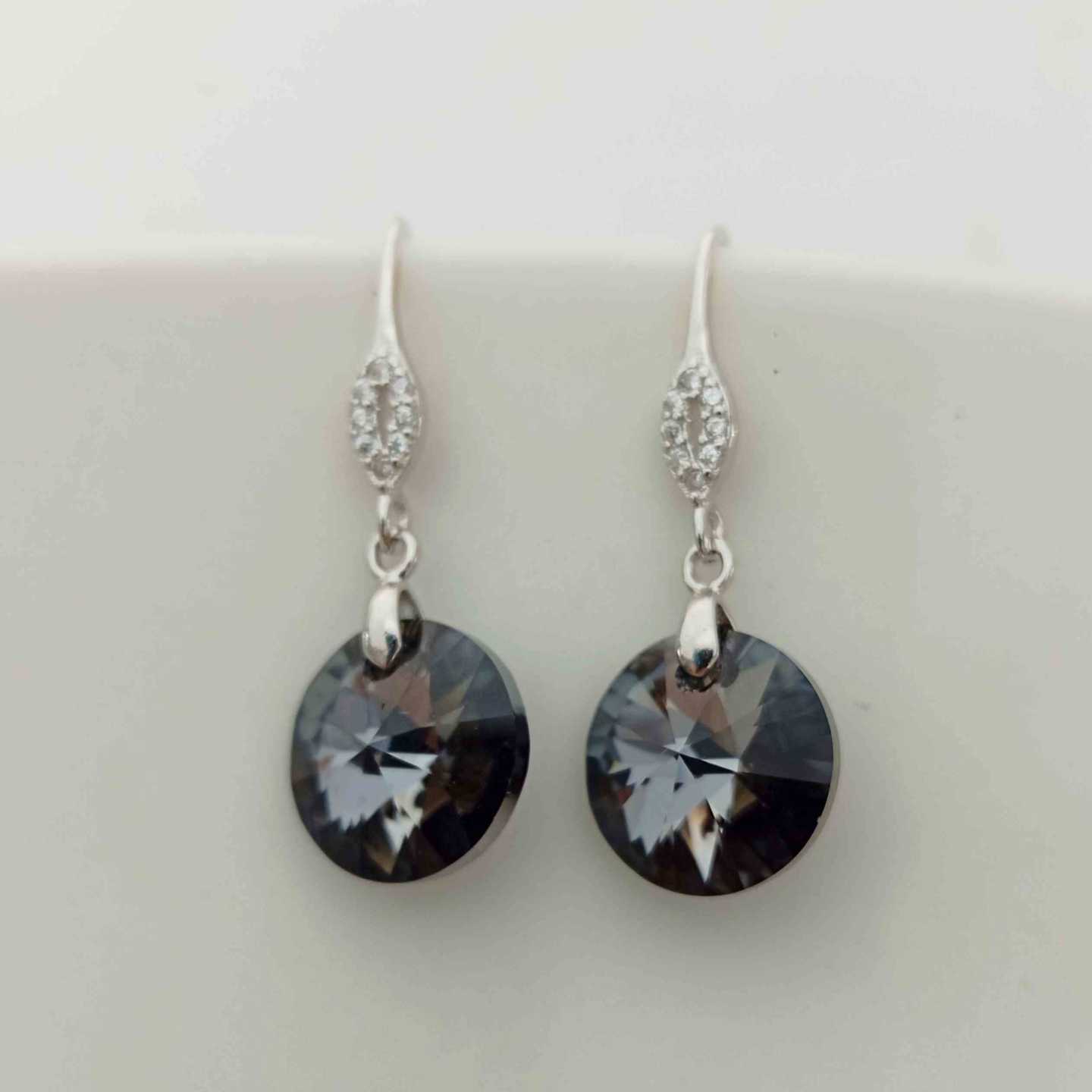 Aro Cancho Plata925 y Cristal Swarovski Elements Redondo Plano Negro 12mm