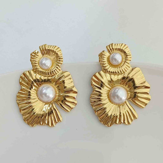 Aro de Acero Dorado Flor Colgante Flor y Perla 55x40mm 