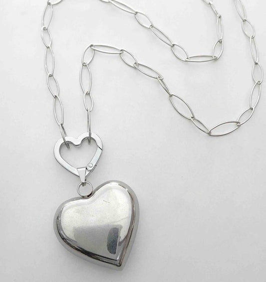 Collar Plateado Bloche Corazon Colgante Corazon Grande 60cm