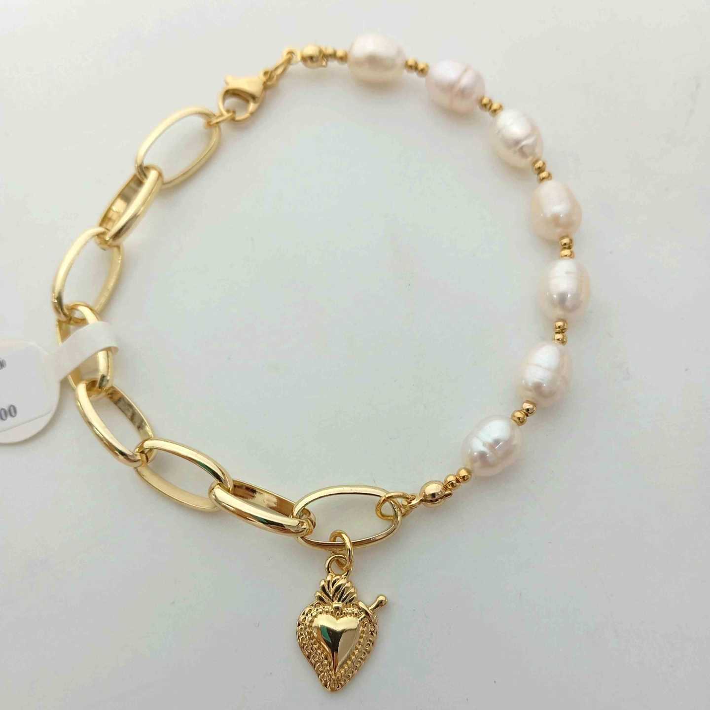 Pulsera Bañada en Oro 18k Perlas de Río y Cadena Paperclip con Dije Ojo Turco Pavé Circones