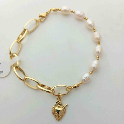 Pulsera Bañada en Oro 18k Perlas de Río y Cadena Paperclip con Dije Ojo Turco Pavé Circones
