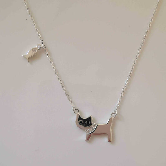 Collar Plata925 Gato Circones Con Pescado