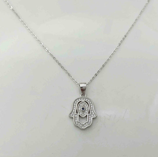 Collar Plata925 Mano Fatima Azul Circones