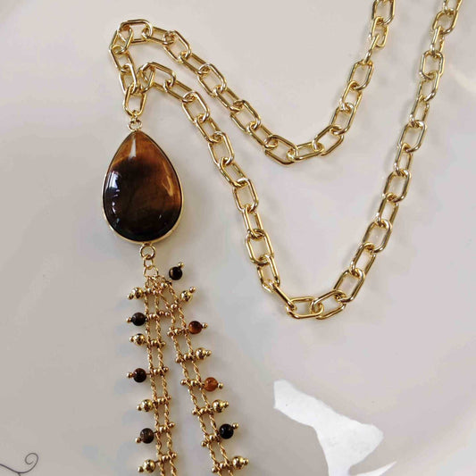 Collar Bañado en Oro Colgante Piedra Ojo Tigre y Cadena Piedras