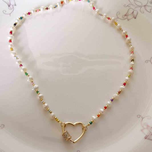 Collar Perla Rio Mostacilla Colores Corazon Bañado