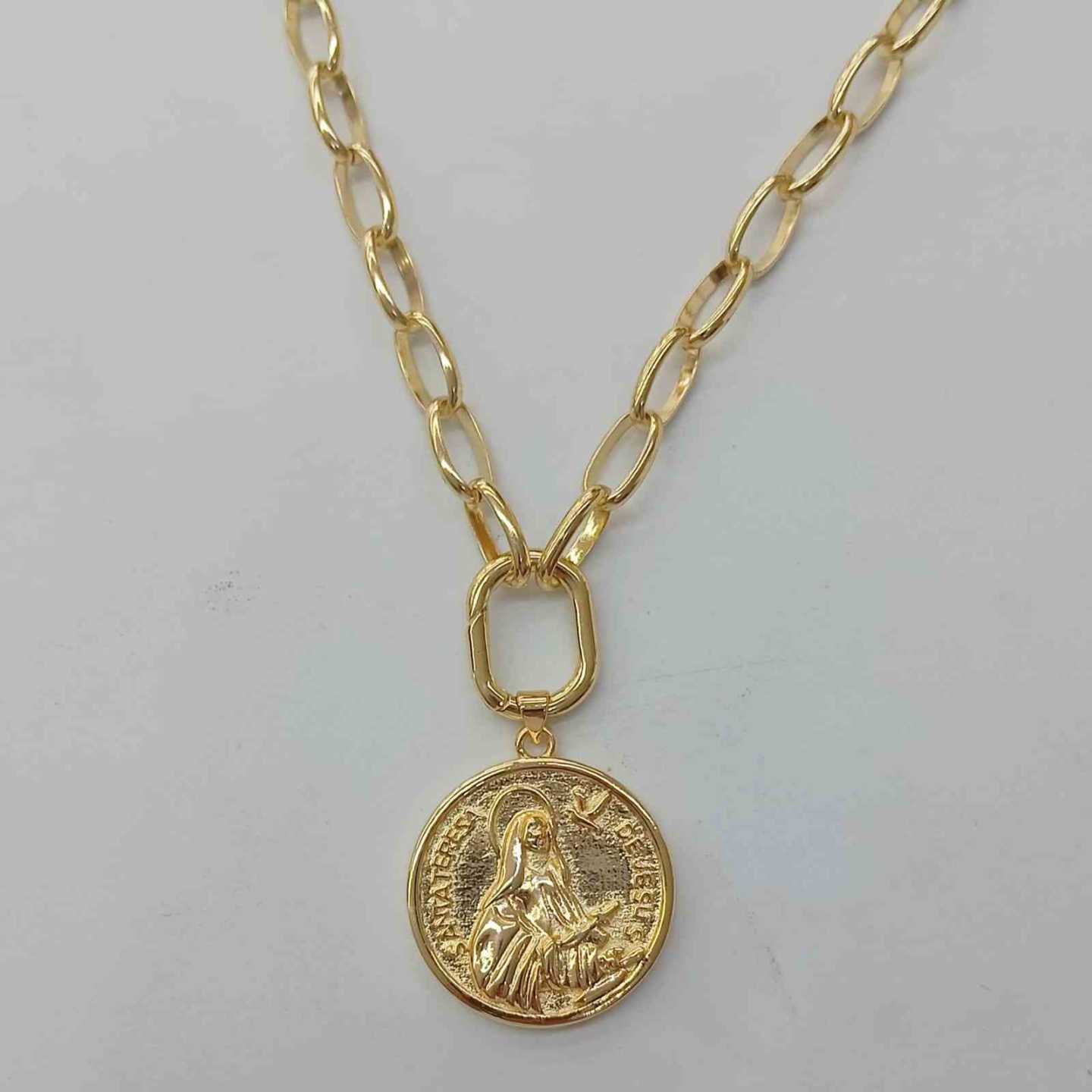 Collar Bañado En Oro Grueso Colgante Virgen 50cm 