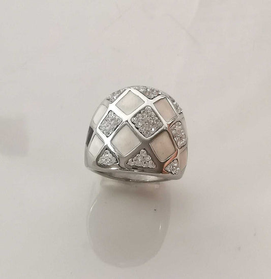 Anillo Plateado Triangulos Blanco y Brillos