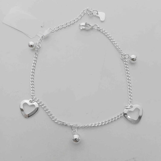Pulsera Plateado Colgante 3 Pelotitas y 2 Corazon