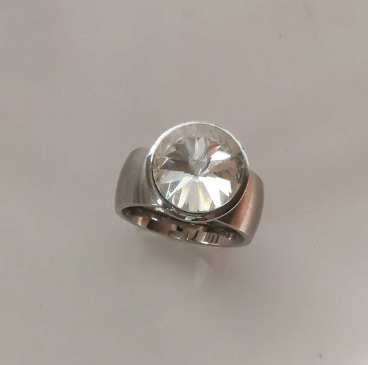 Anillo Acero inoxidable plateado Solitario Blanco Grande
