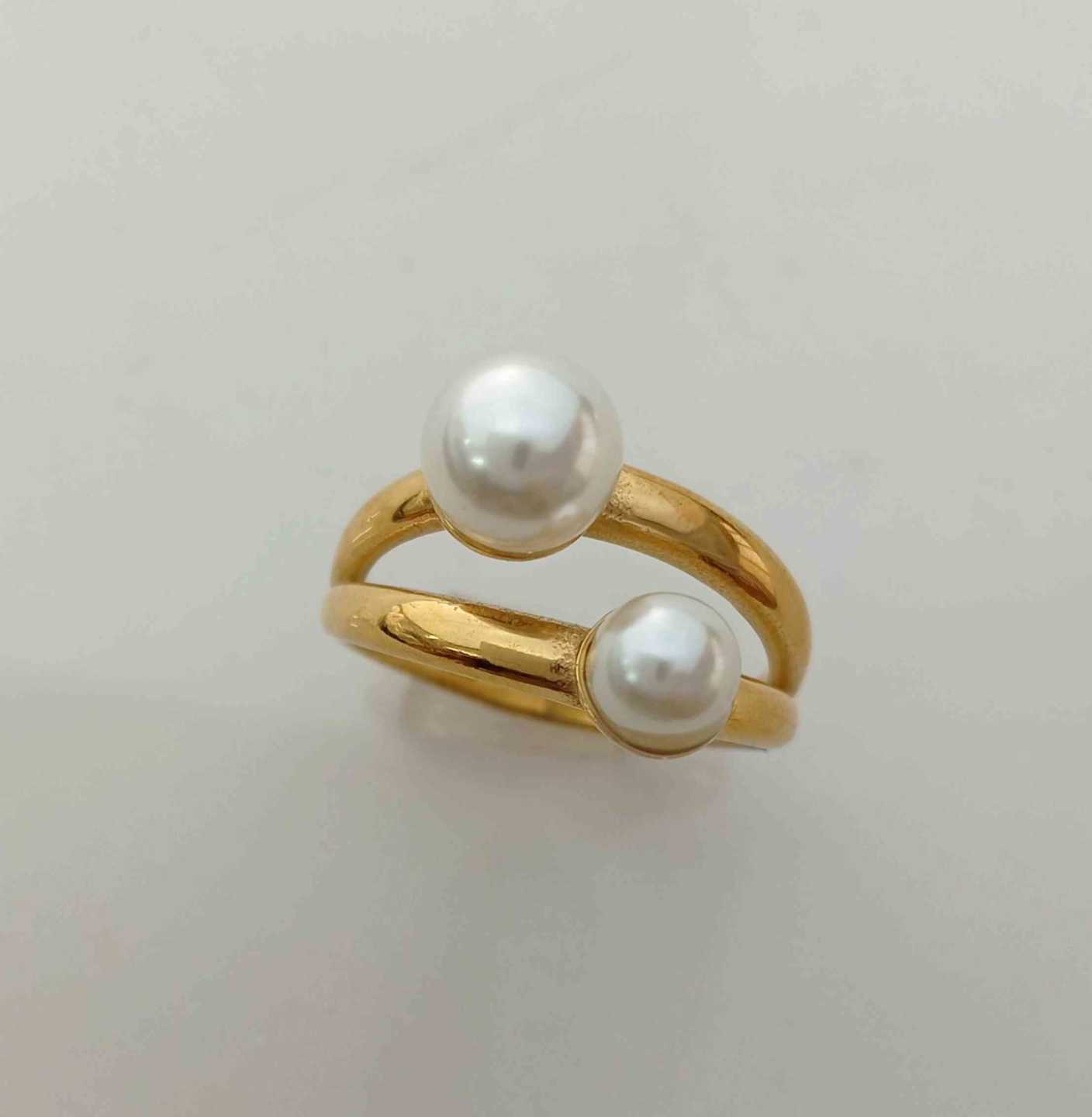 Anillo Acero inoxidable Dorado 2 Perla en 2 Lineas