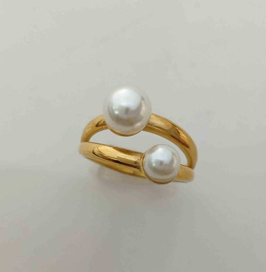 Anillo Acero inoxidable Dorado 2 Perla en 2 Lineas